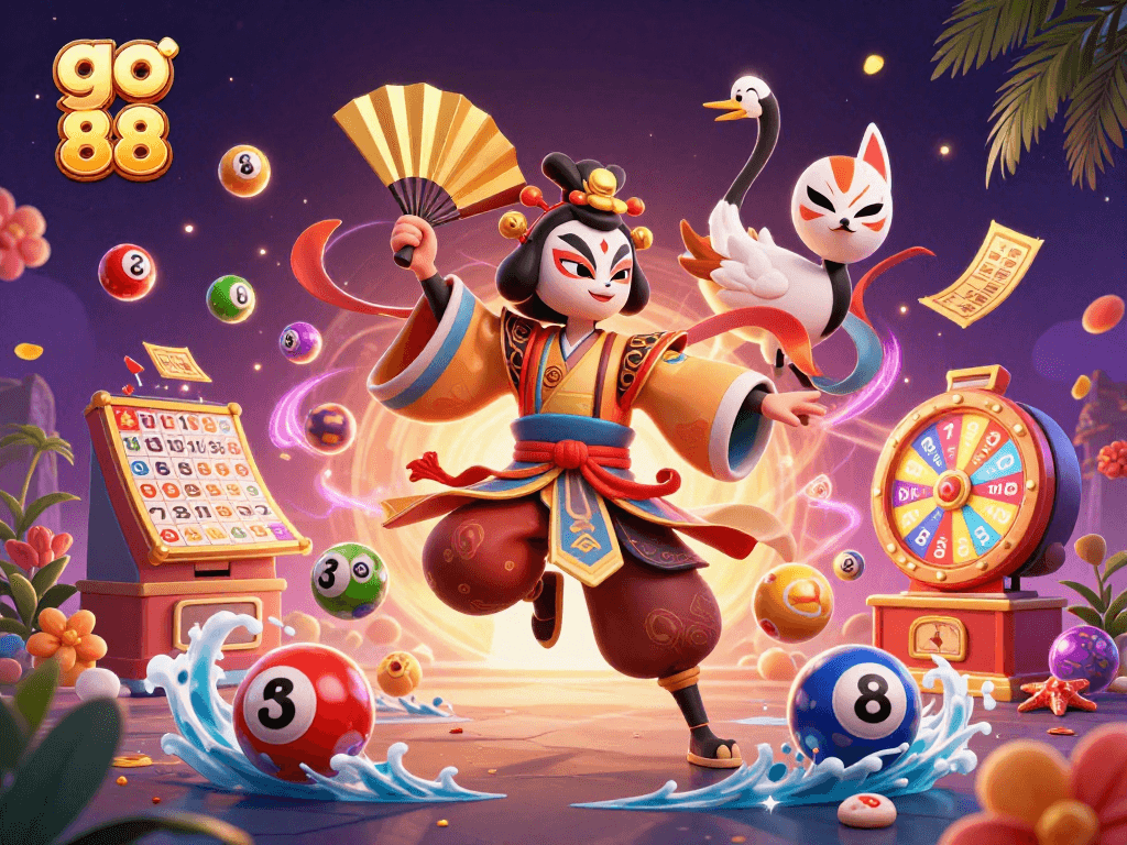 Spin and win with go 88's vibrant lottery balls and dynamic characters in this exciting 3D scene.