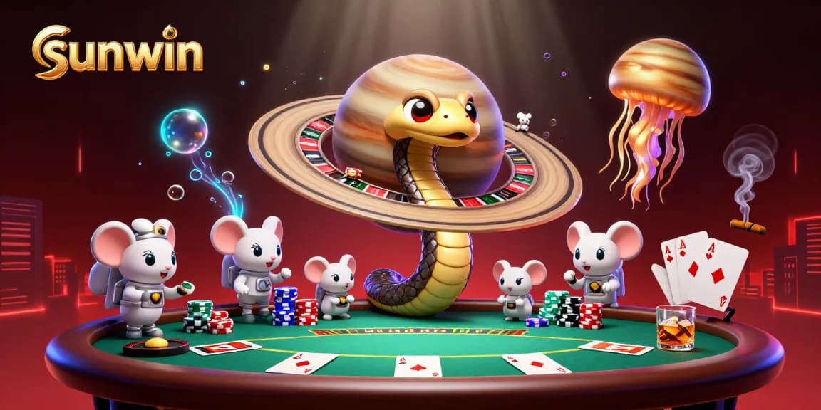 Sunwin showcases an engaging cosmic casino scene with a Saturn snake, astronaut mice betting, and a golden jellyfish dealer.