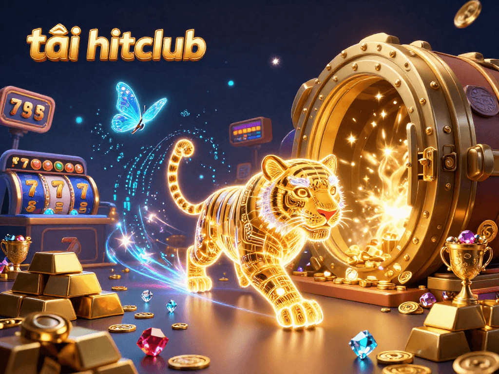 Spin and win with tải hitclub in this vibrant digital casino scene filled with gold and neon energy.