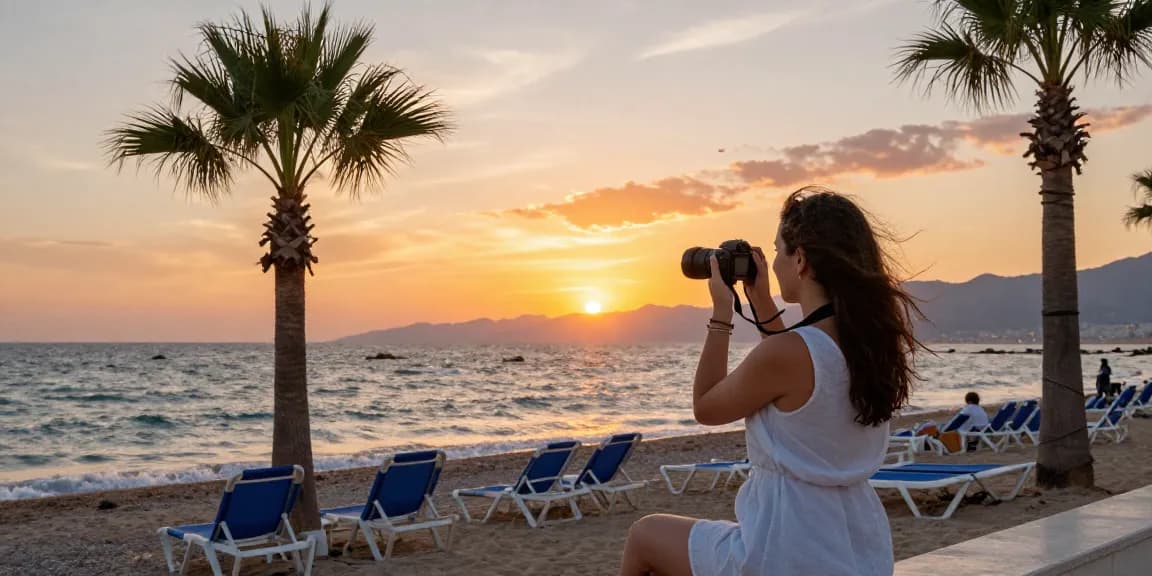 Antalya weather in November, showcasing a traveler at a serene beach during sunset with picturesque mountains.