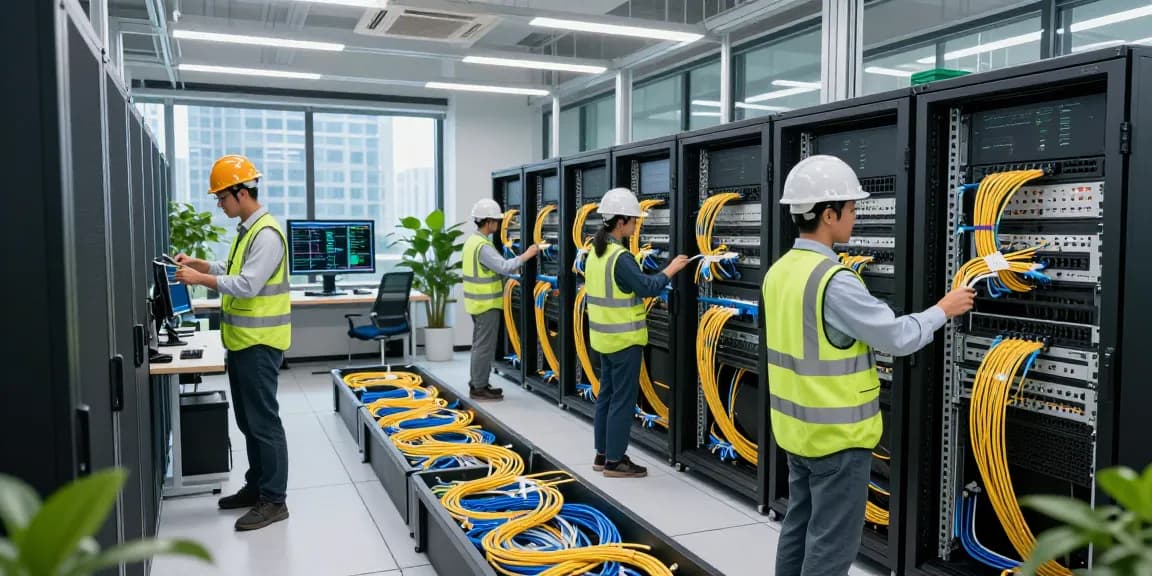 Engineers managing fiber cable connections in a modern data center ensuring reliable network performance.
