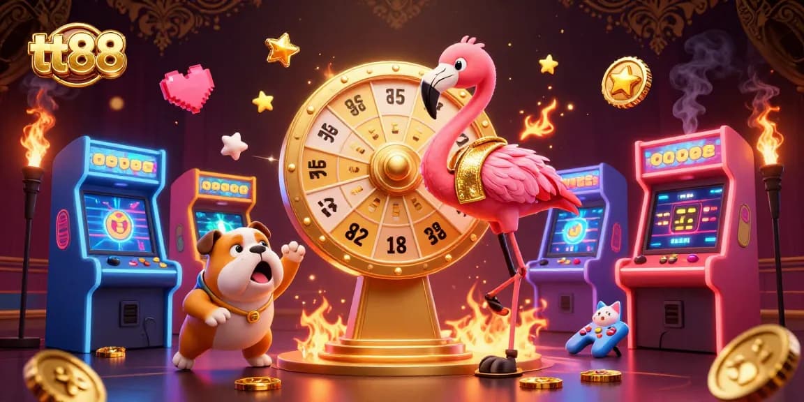 Experience the thrilling atmosphere of tt88 with a vibrant 3D gaming scene featuring a flamingo game show host, bulldog contestant, and colorful gaming elements.