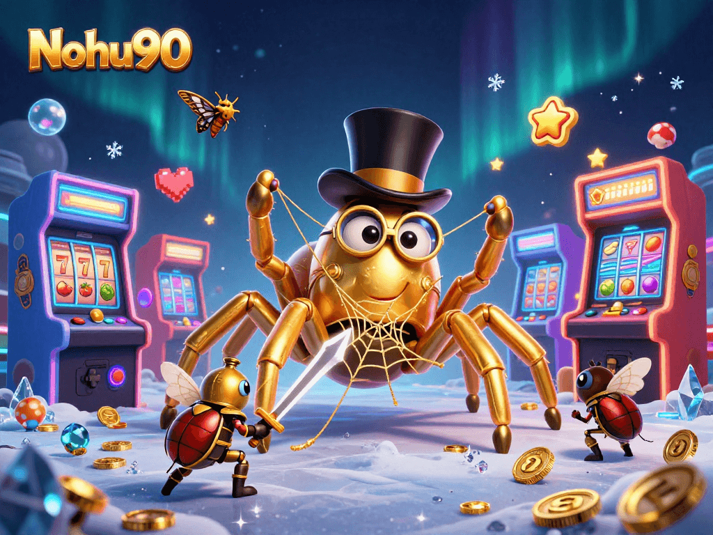 Nohu90 highlights vibrant casino adventure with a golden tarantula and beetle knight amidst games.