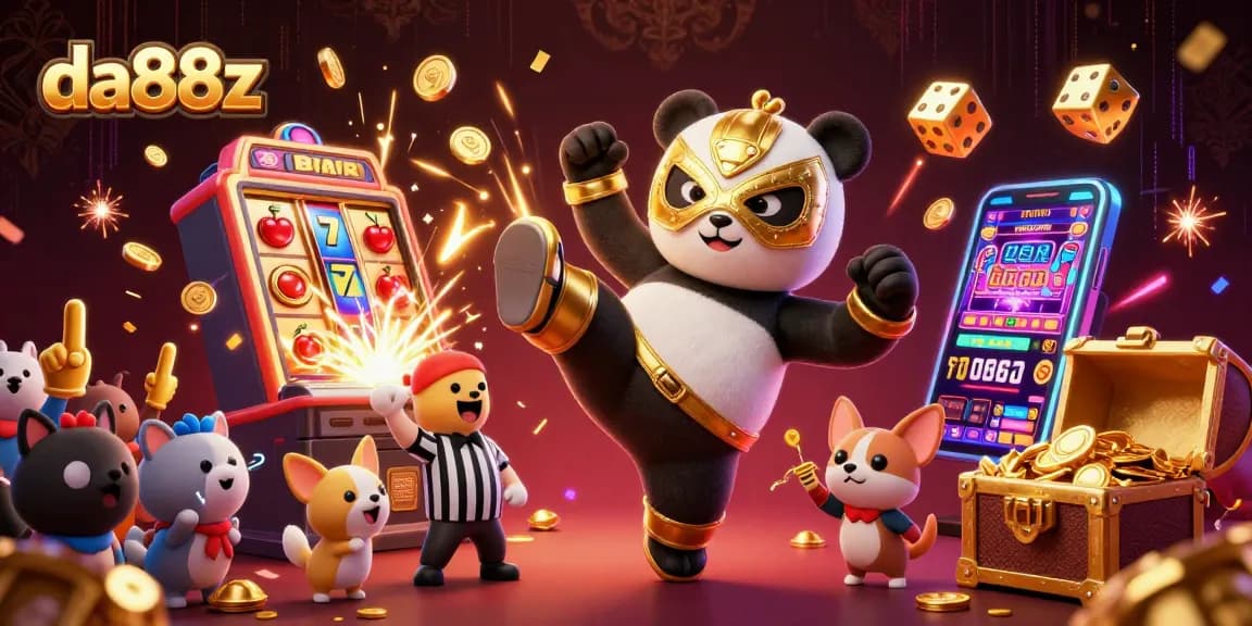Experience dazzling wins at da88z with a vibrant casino scene, featuring a wrestling panda and slot machine action.