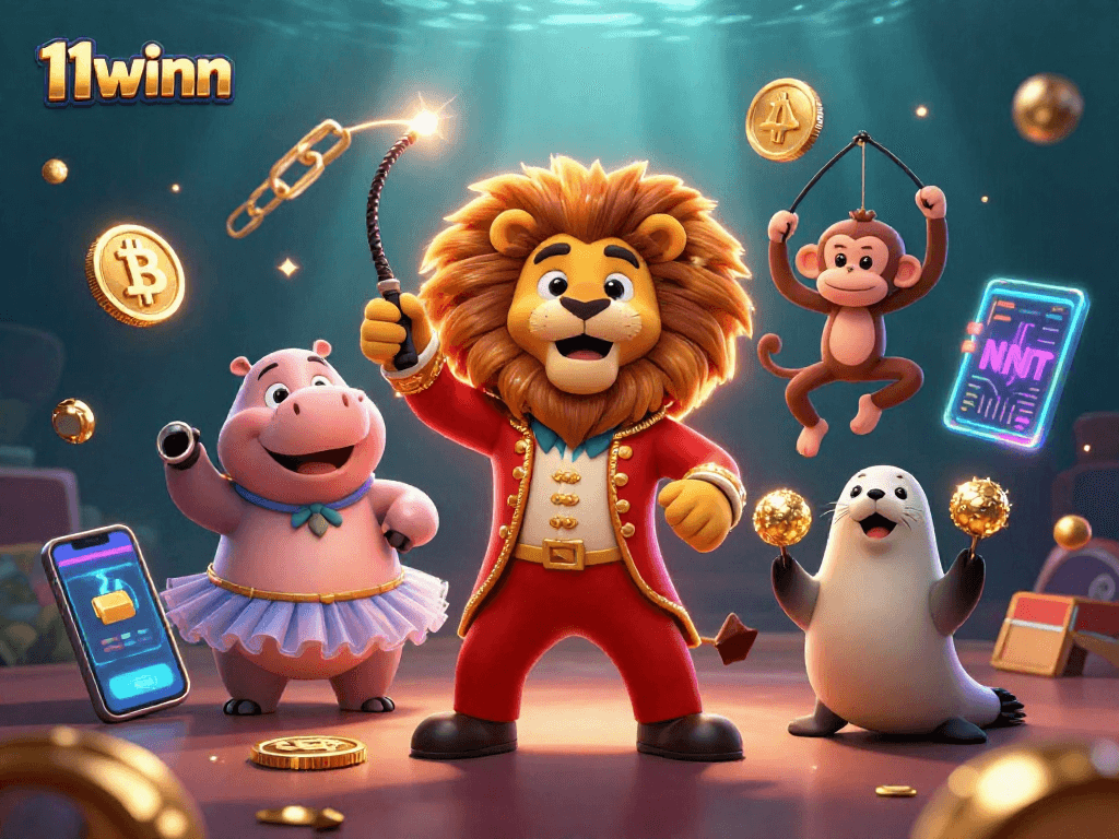 Join the action at 11winn with a vibrant casino scene featuring 3D characters and crypto elements.