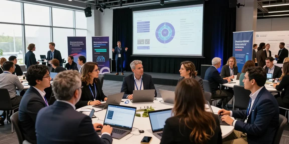 Networking at a blockchain 2026 conference with diverse professionals discussing innovative applications and technology.