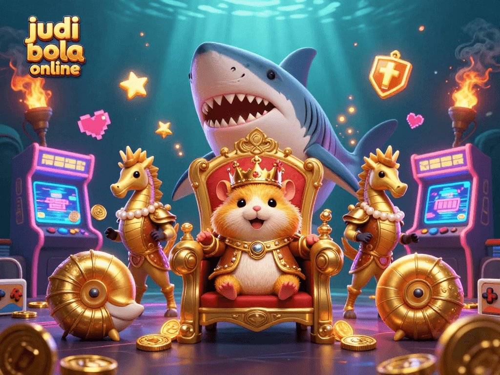 Experience judi bola online excitement with a vibrant 3D illustration featuring a golden hamster king and gaming elements.