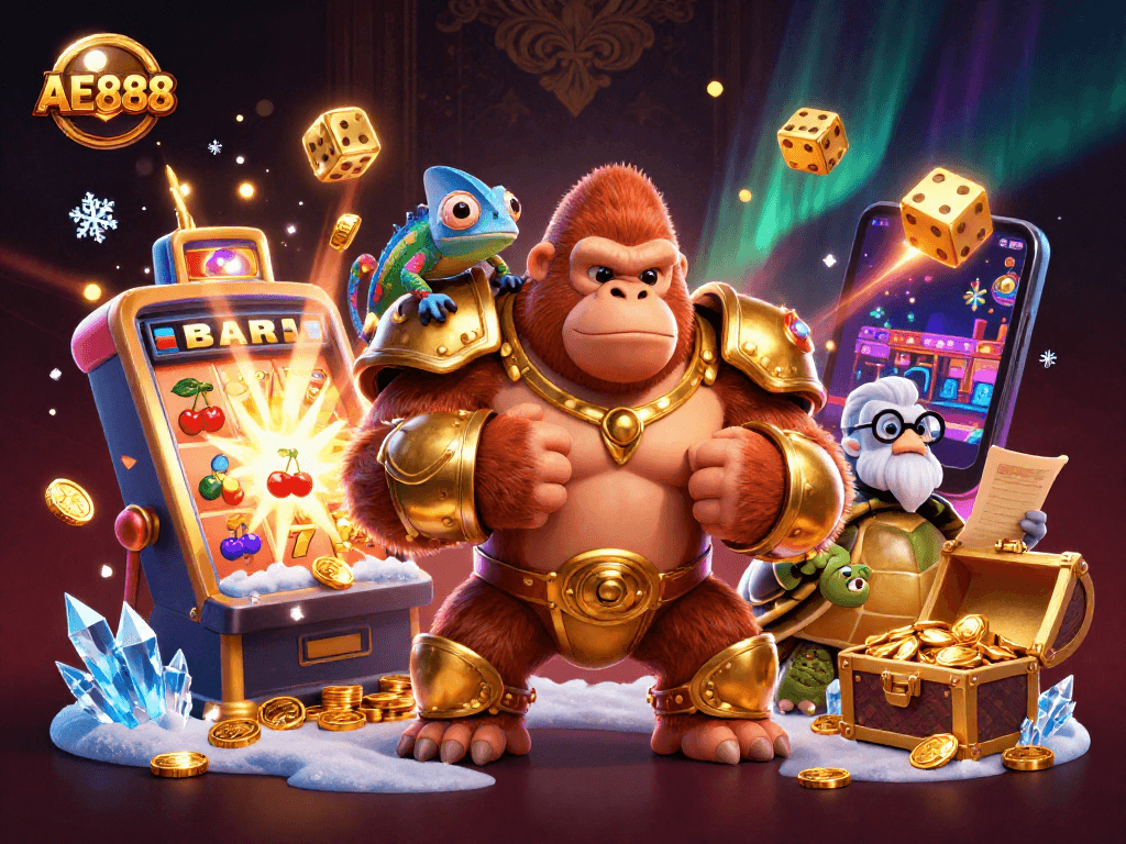 Experience the excitement of AE888 with a vibrant 3D casino illustration showcasing jackpot thrills.
