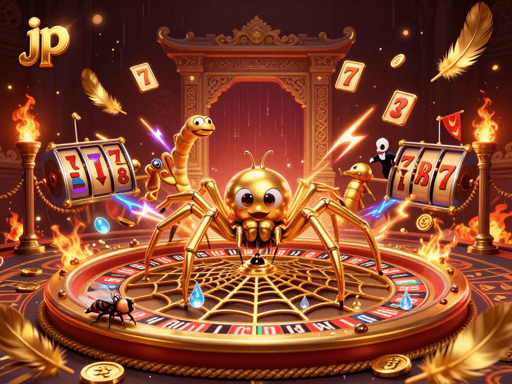 Engage in the excitement of jp as a golden spider spins a roulette web surrounded by vibrant casino elements.