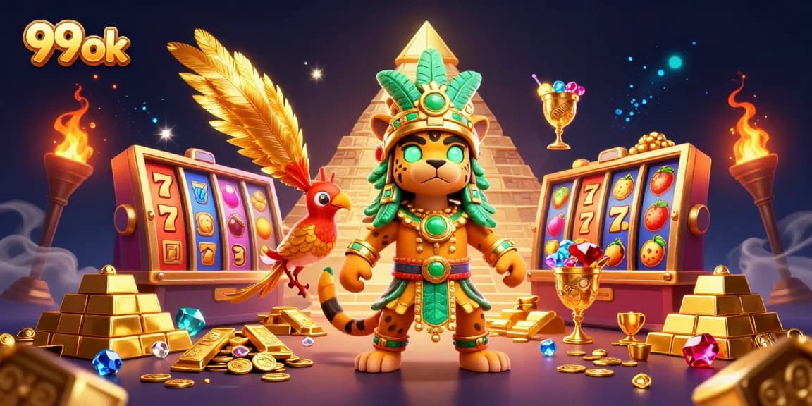 Experience the vibrant excitement of 99ok casino with a Mayan theme featuring slot reels.