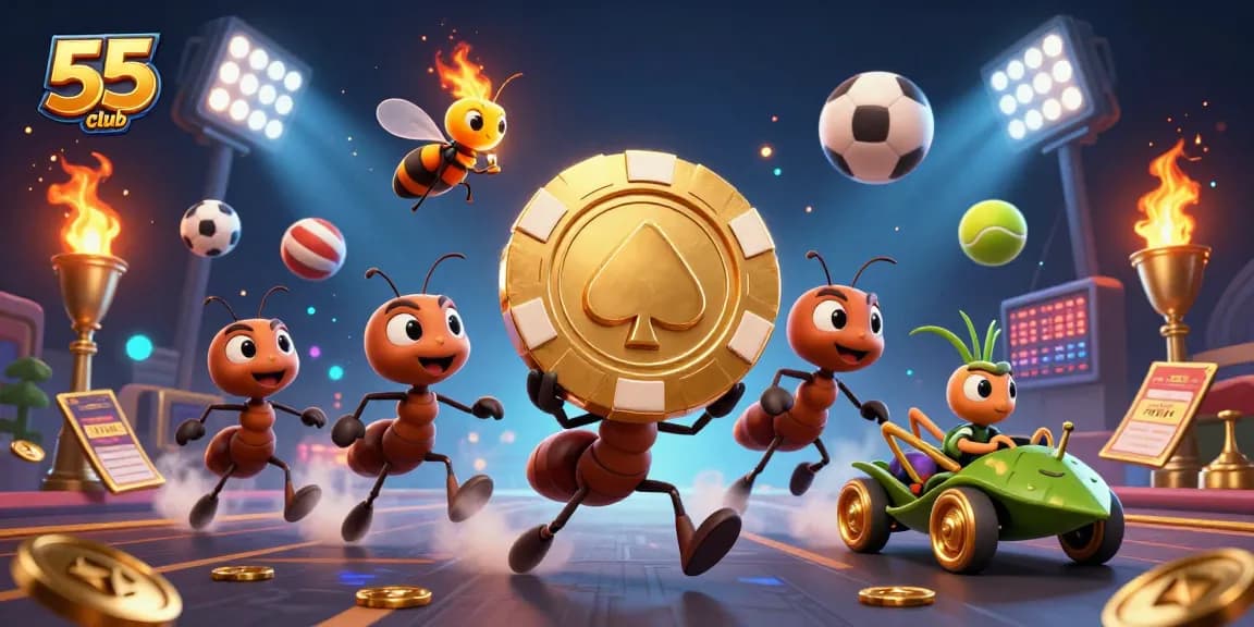 Ants carrying a giant poker chip symbolize 55club's thrilling gambling adventures.