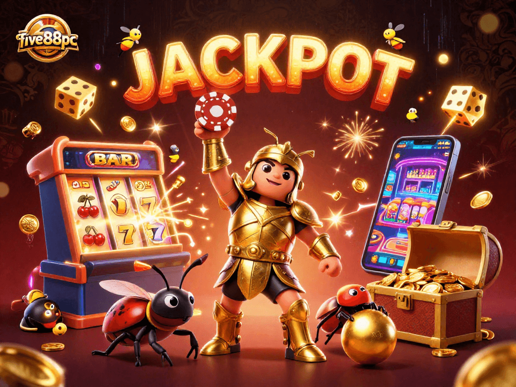 Engage with five88pc and win big in a dynamic casino scene featuring a victorious beetle and explosive jackpots.