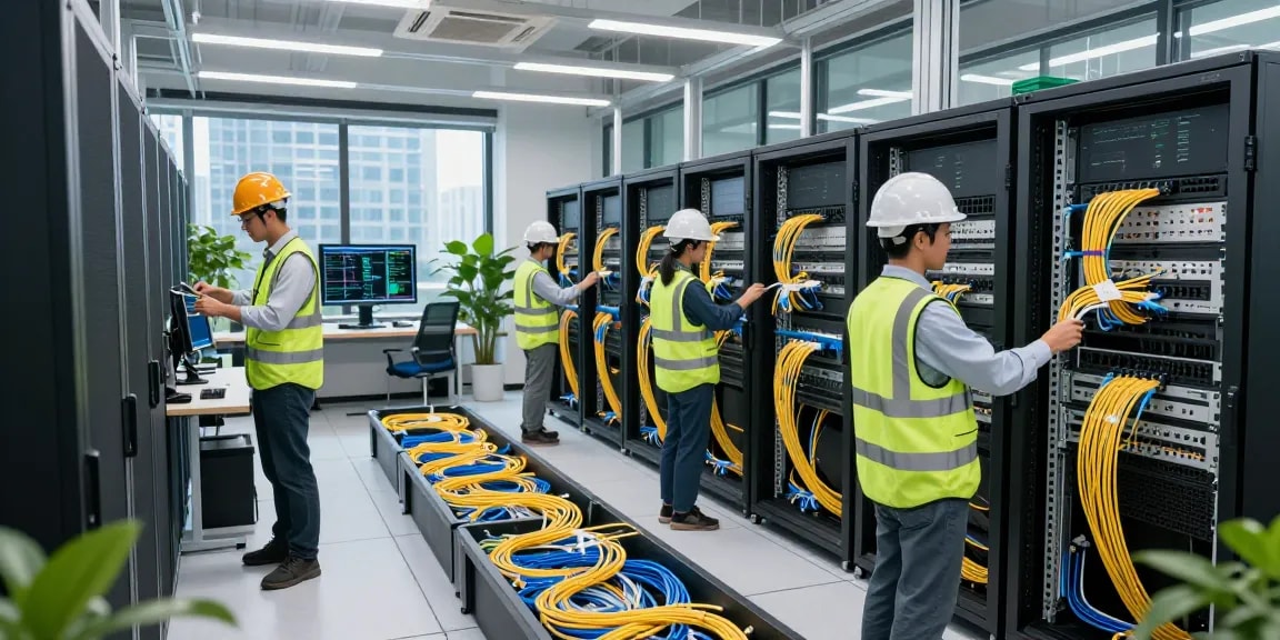 Engineers managing fiber cable connections in a modern data center ensuring reliable network performance.