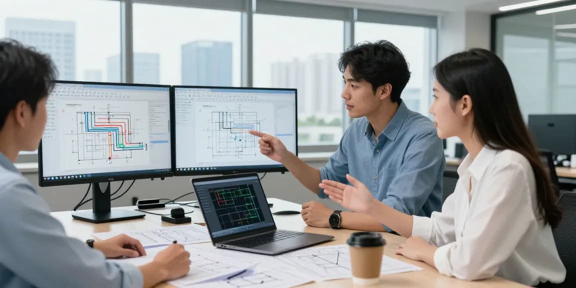 Piping Stress Analysis USA engineers collaborating in a modern office reviewing technical diagrams.