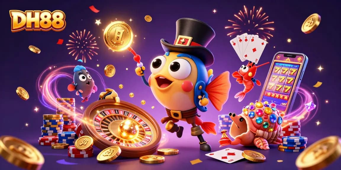 Spin and win with DH88 at this vibrant underwater casino adventure showcasing thrilling games and energetic characters.
