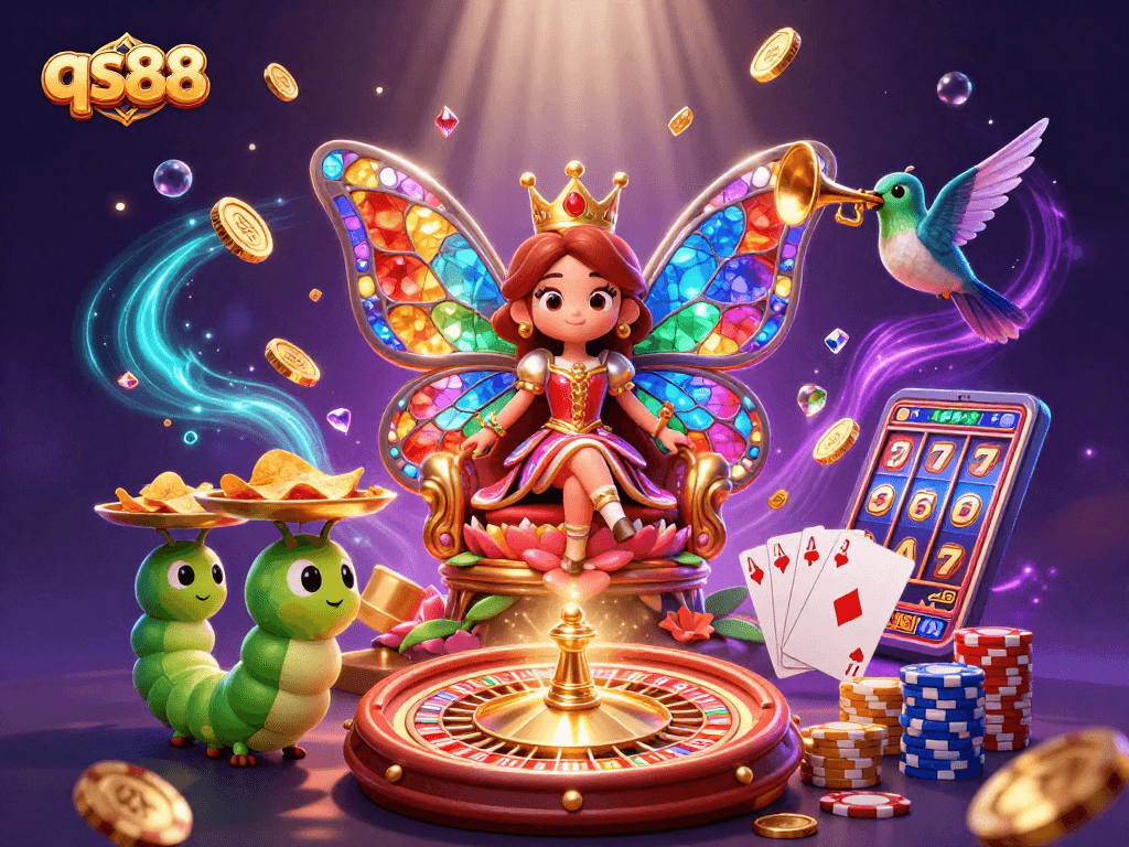 Experience top-tier gaming at qs88 casino, surrounded by dazzling gems and animated gaming elements.