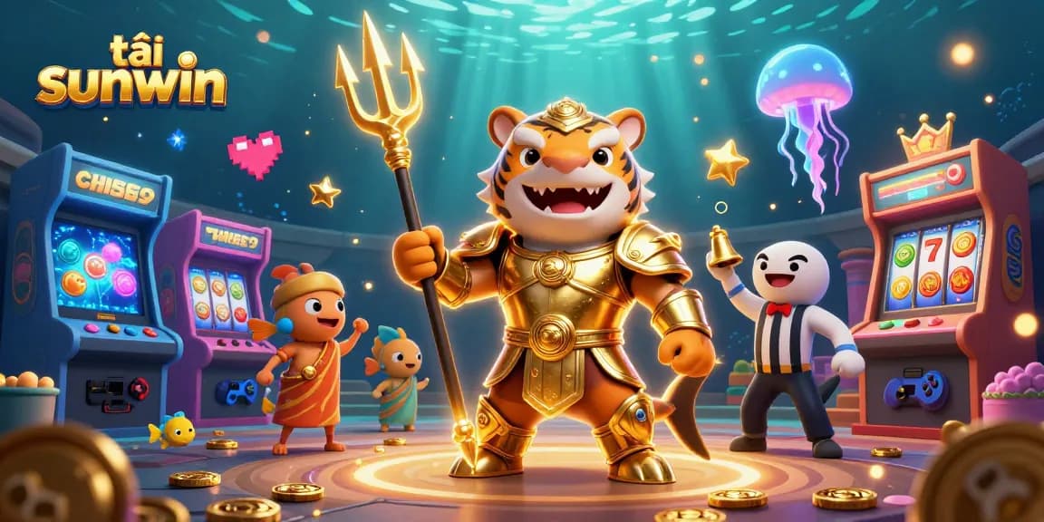 Experience the thrill of tải sunwin with a vibrant underwater casino scene featuring a gladiator shark and slot elements.