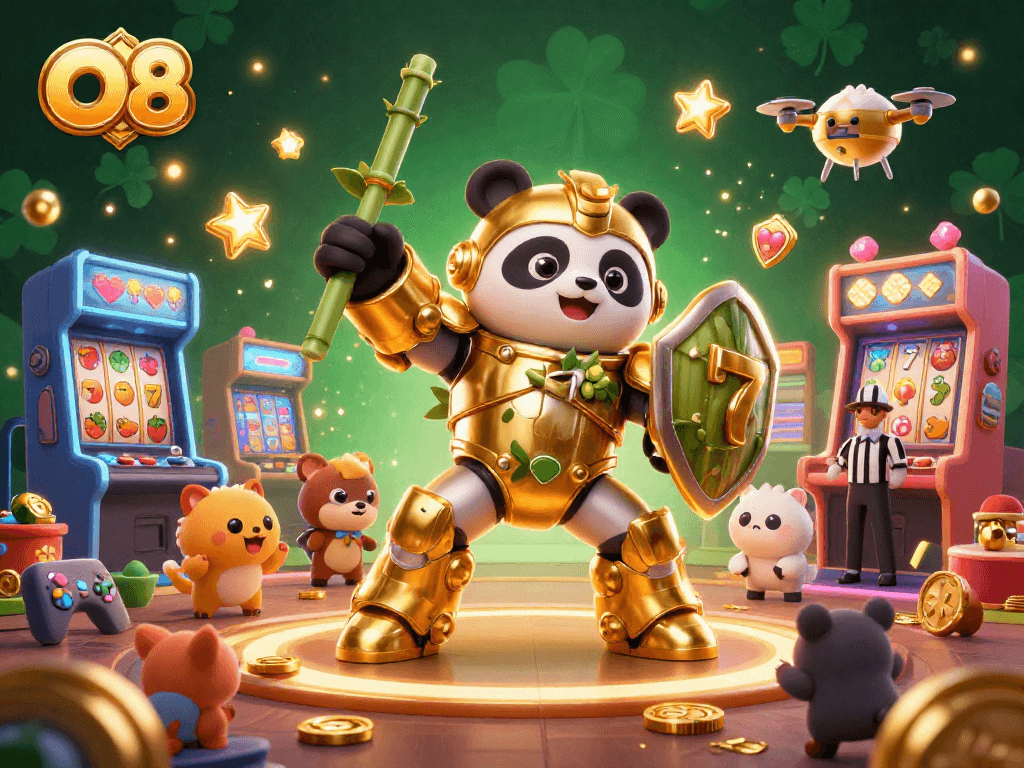 Experience O8 with a vibrant 3D illustration of a mech-suit panda surrounded by engaging slot reels and cheering spectators.