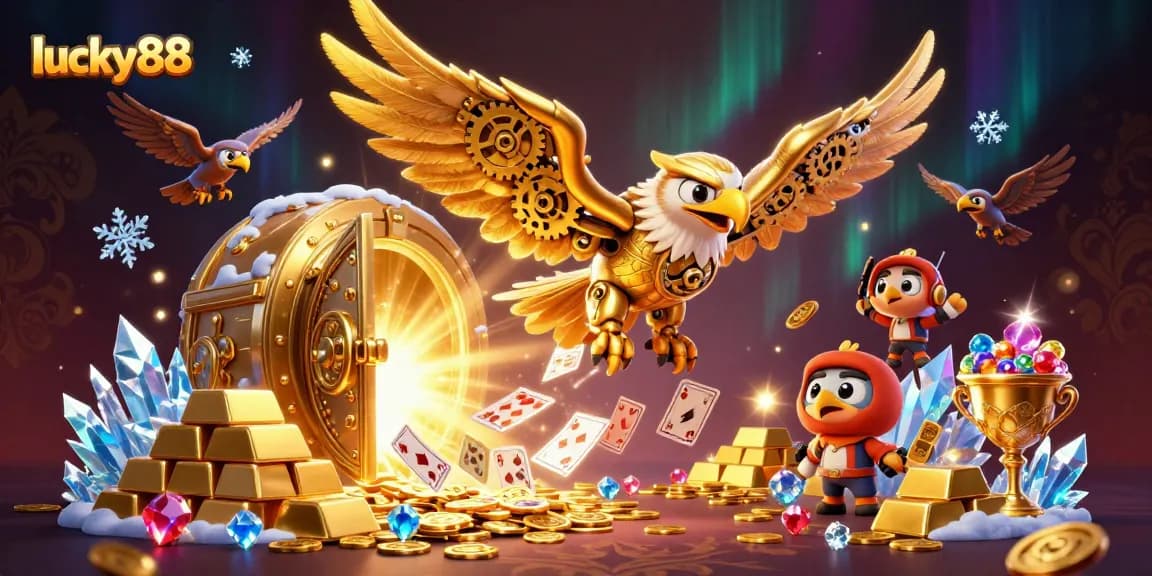 Experience thrilling gameplay at lucky88 with an exhilarating 3D illustration of a golden eagle amidst holographic cards and treasures.