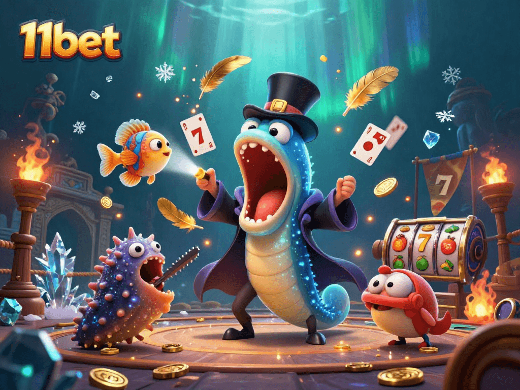 Experience vibrant card tricks with 11bet's unique deep-sea casino theme featuring lively characters.