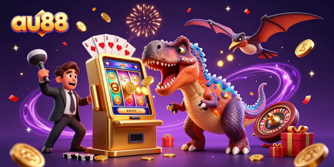 au88 jackpot scene with a dinosaur activating a slot machine and coins flying.