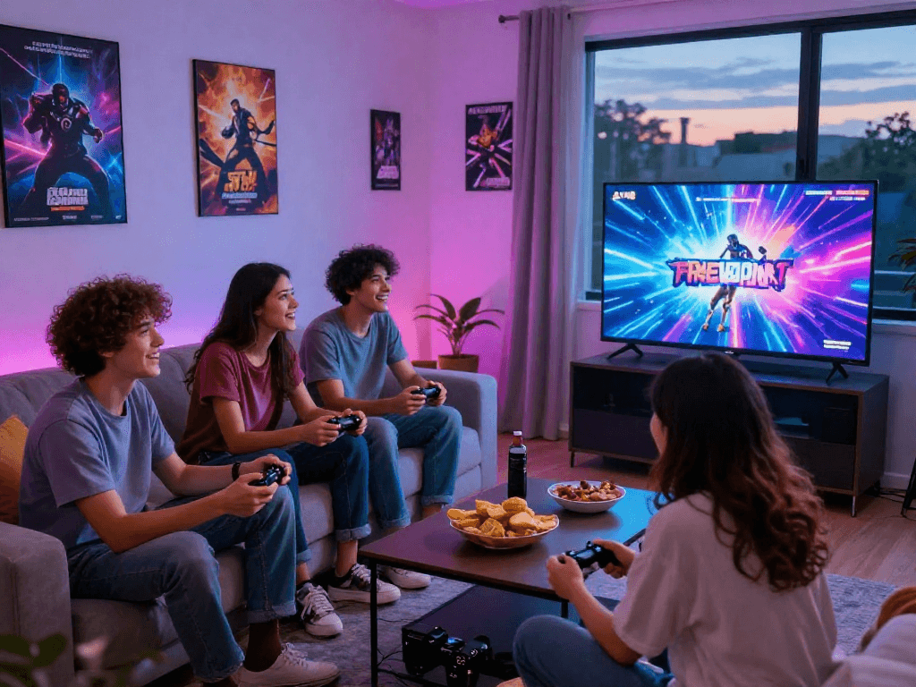 Exciting scene of friends enjoying a free porn game together in a lively gaming lounge.