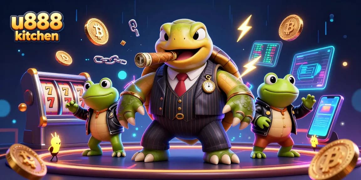 Engage with the thrilling atmosphere at u888 kitchen featuring cartoon characters, slot reels, and crypto elements.