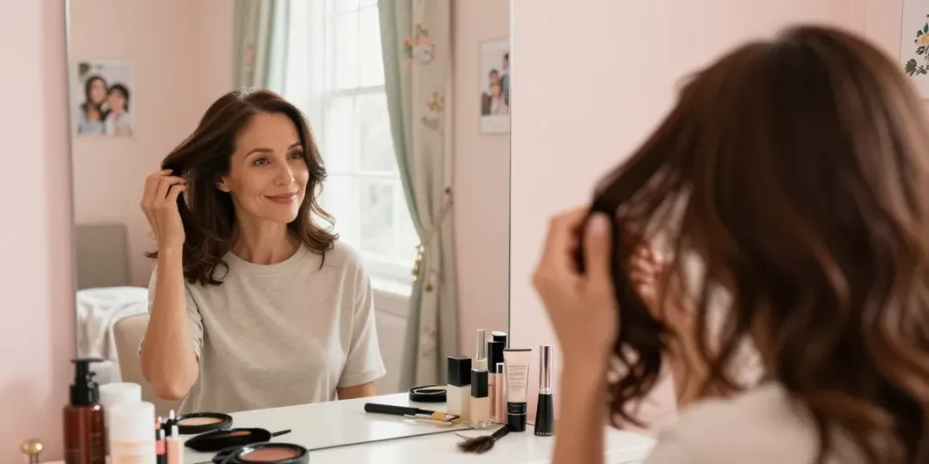 Woman enhancing her look with a hair topper for thinning hair in a cozy home setting.