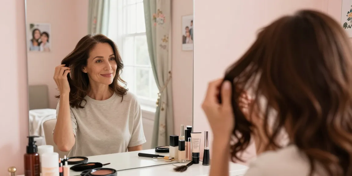 Woman enhancing her look with a hair topper for thinning hair in a cozy home setting.