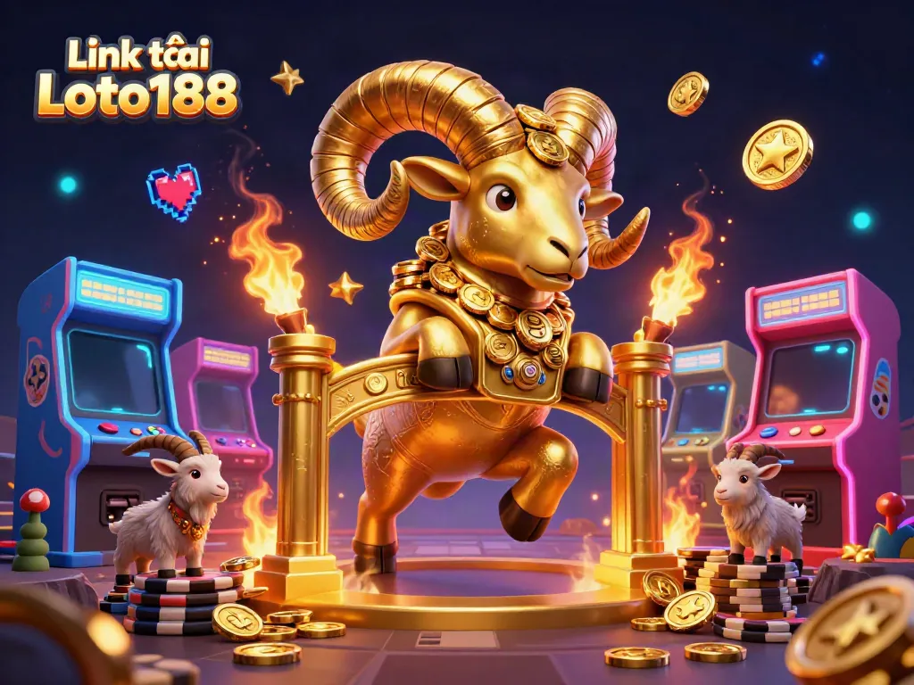 Engage with thrilling gameplay at Link vào Loto188 featuring a golden ram charging through arcade and casino elements.