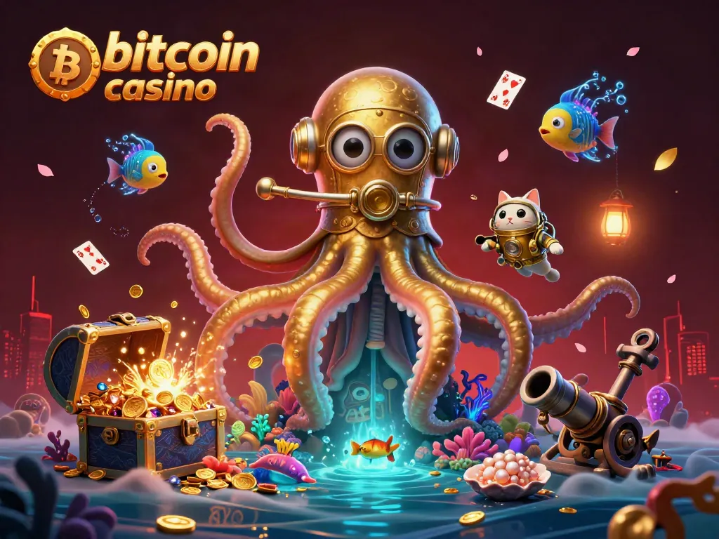 Experience the excitement of bitcoin casino gaming with a dynamic 3D scene featuring a kraken and diving cat amidst treasures.