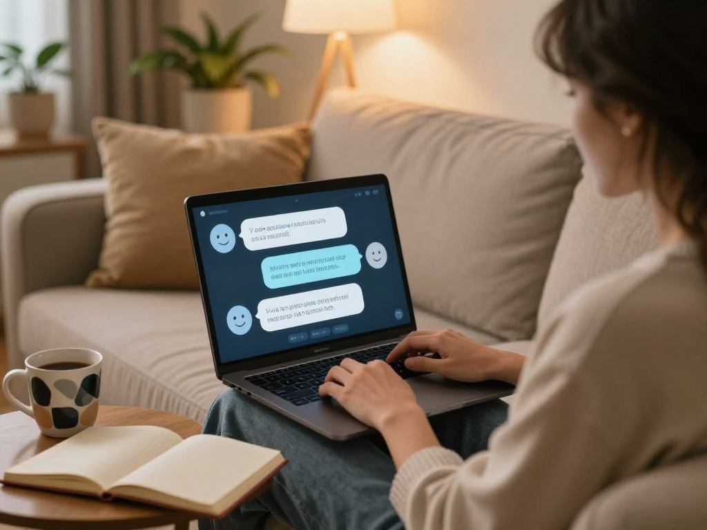 Engaging ai sex chat experience on a cozy virtual setting with a laptop.