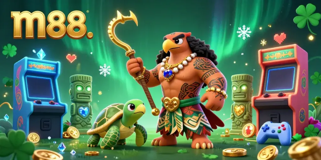 Engage with m88’s vibrant casino gaming experience featuring hawk demigod, turtle sidekick, and arcade elements.