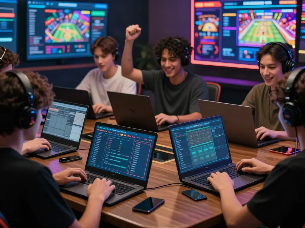 A group of players experiencing the excitement of digital gaming at https://debet.gb.net/ in a vibrant modern setup.