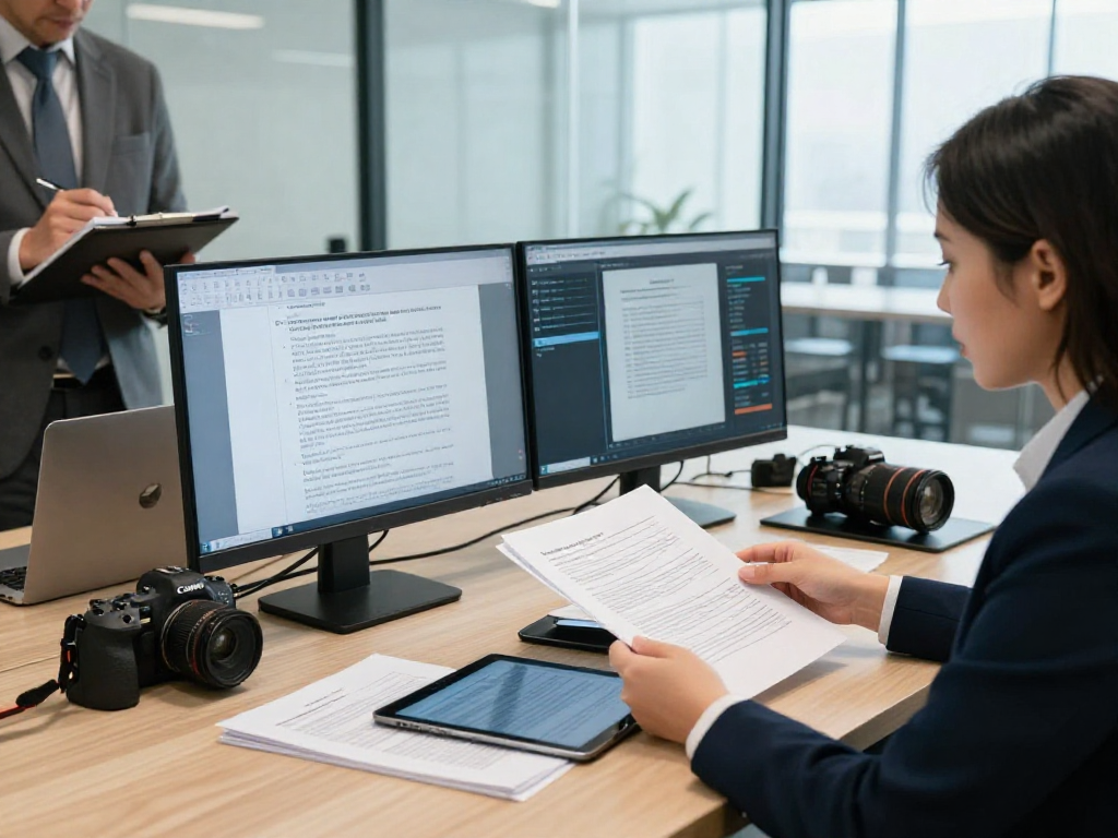 Office scene illustrating document fraud detection with professionals analyzing data and documents.