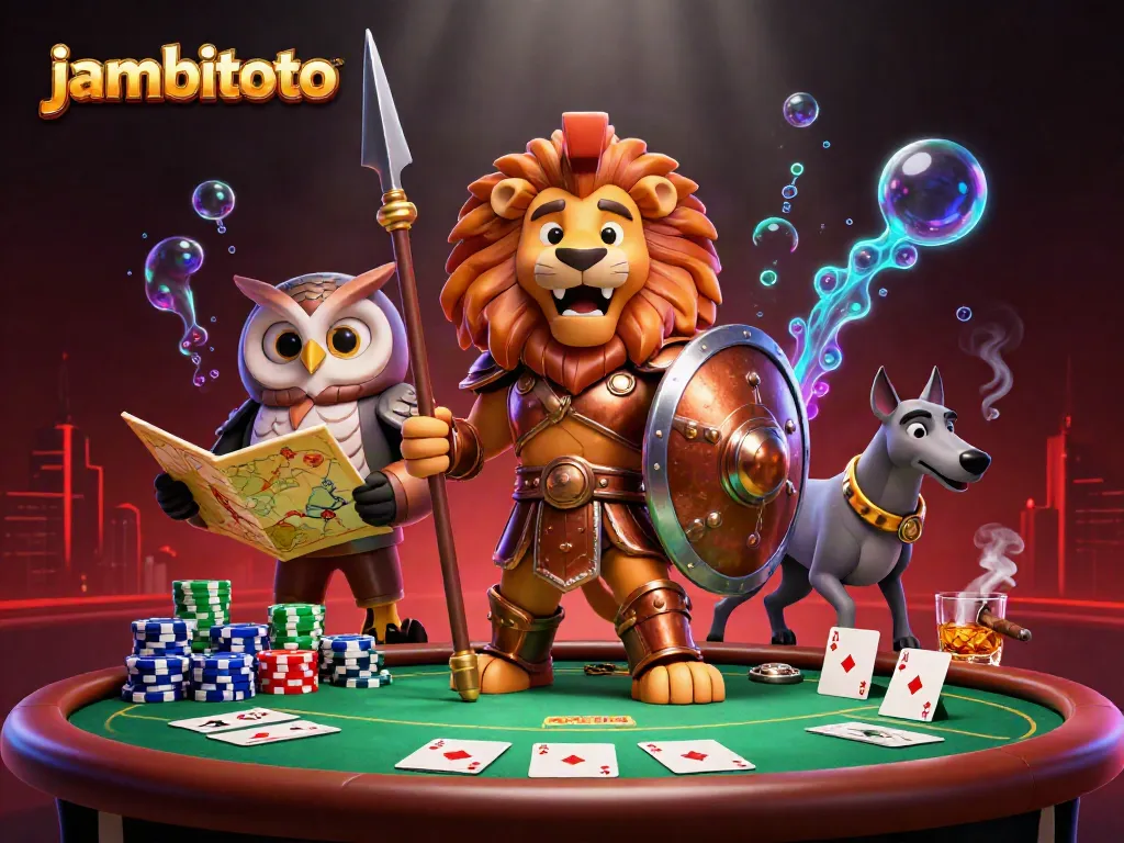 Engage with jambitoto at a vibrant casino scene featuring heroic characters and poker elements.