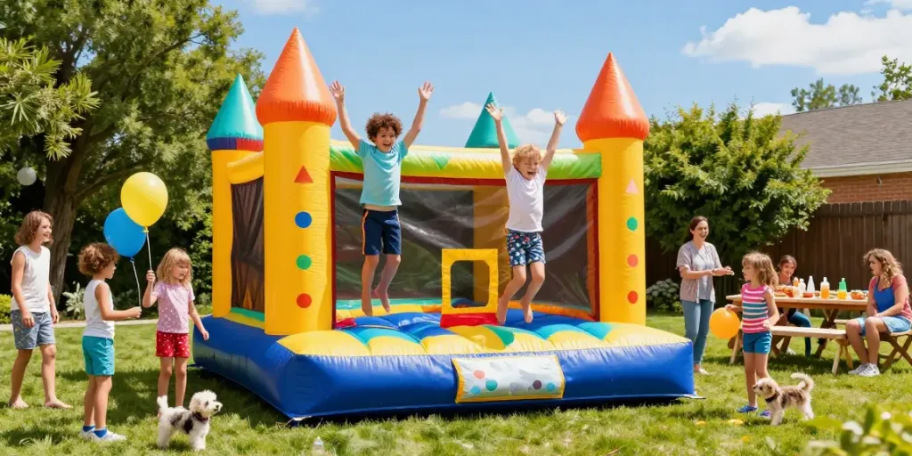 Children having fun in a colorful bouncy castle at a summer backyard party.