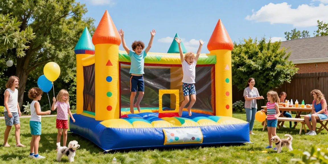 Children having fun in a colorful bouncy castle at a summer backyard party.