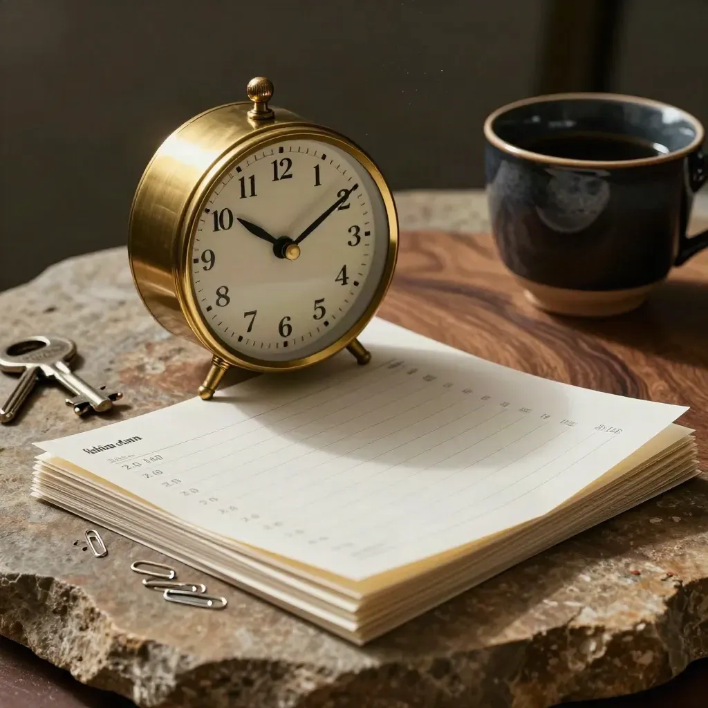Brass clock, folded timesheets, paper clips, and a dark cup on walnut stone