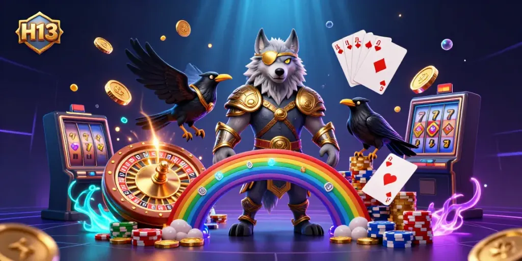 Experience H13's thrilling casino journey with a mythical scene showcasing vibrant gaming elements.