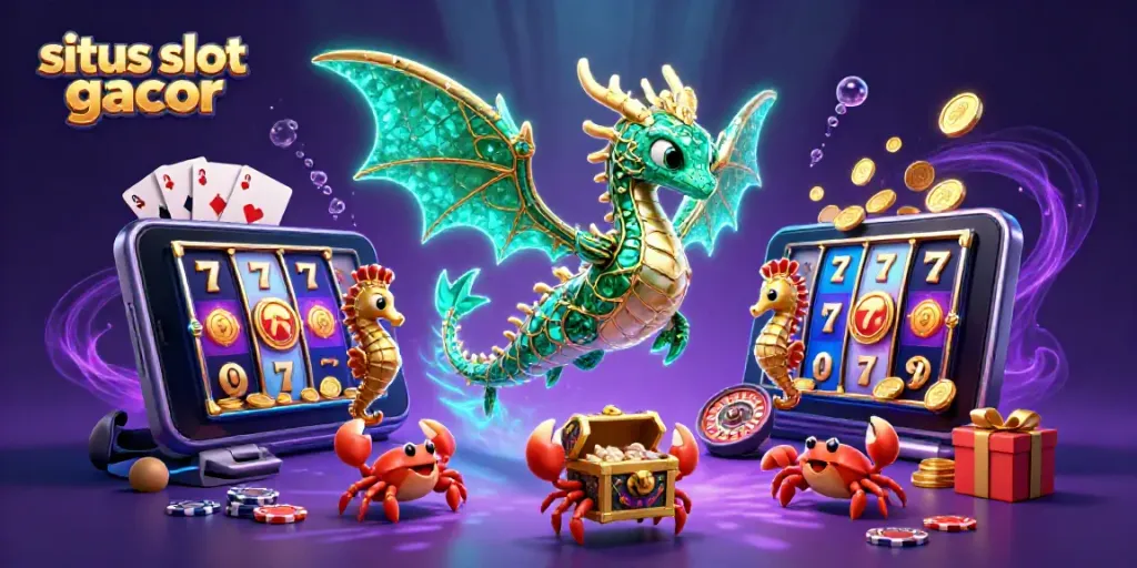 Engage with situs slot gacor through vibrant 3D casino illustrations featuring sea creatures and dynamic slot elements.