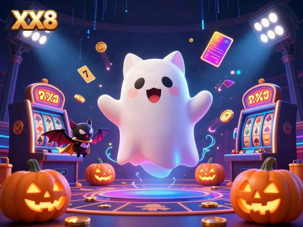 Experience the thrill of XX8 in a haunted casino with ghostly characters and slot elements!