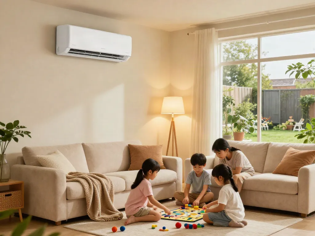 Family enjoying time in a cozy living room with a mini split AC unit providing comfort.