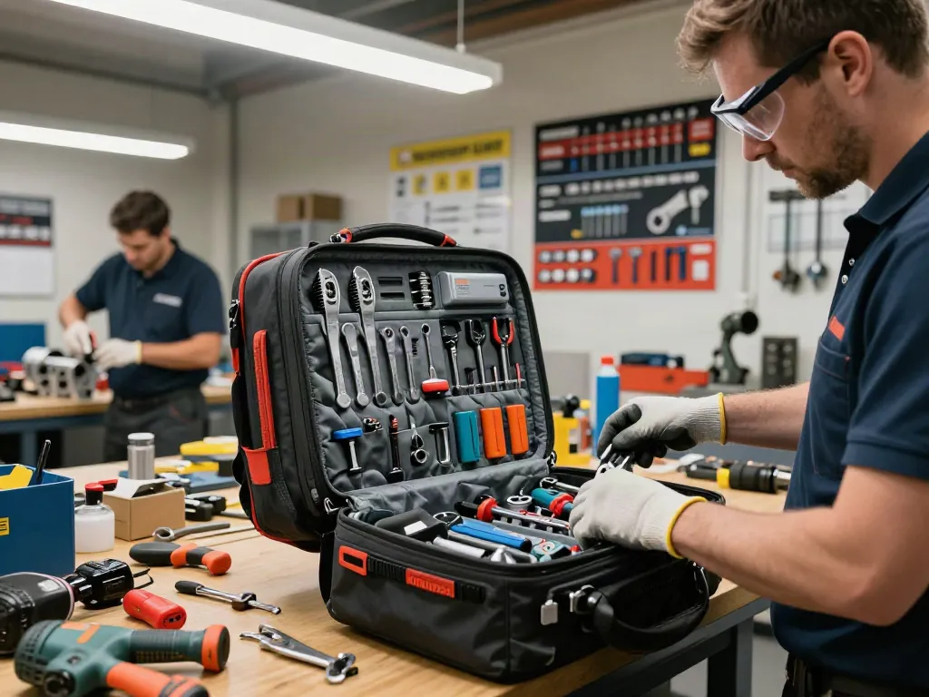 Knipex backpack filled with tools on a workshop bench showcasing organized tool management