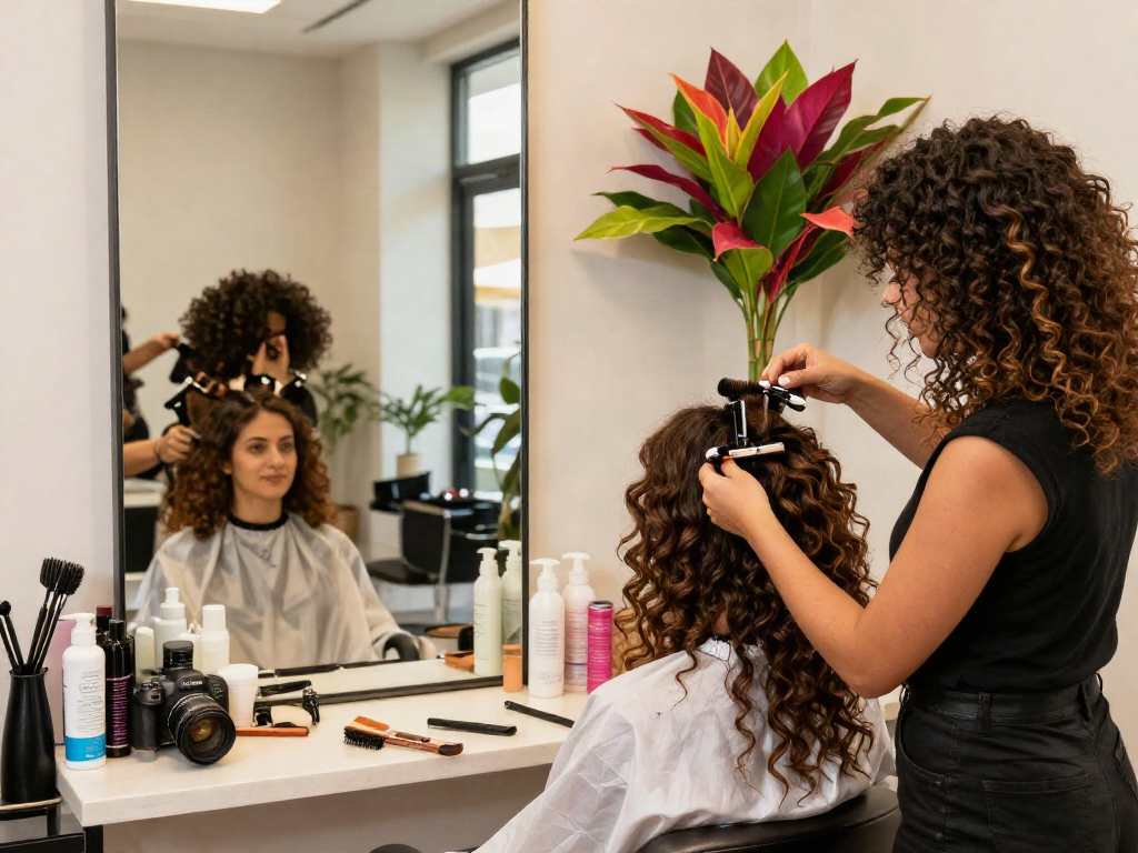 Stylist applying curly hair extensions in a chic salon atmosphere.