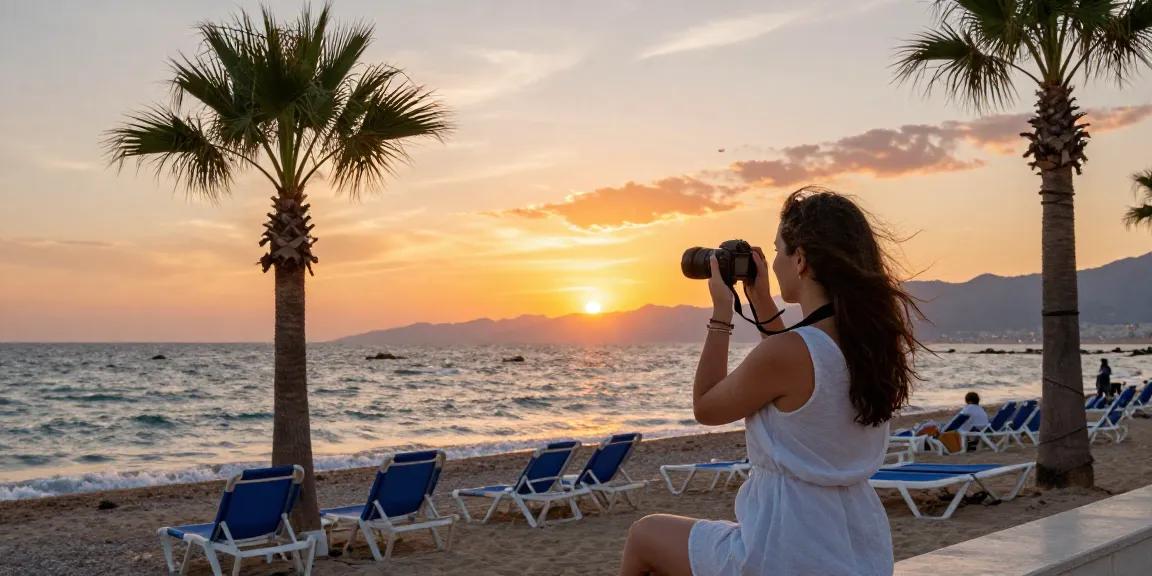 Antalya weather in November, showcasing a traveler at a serene beach during sunset with picturesque mountains.