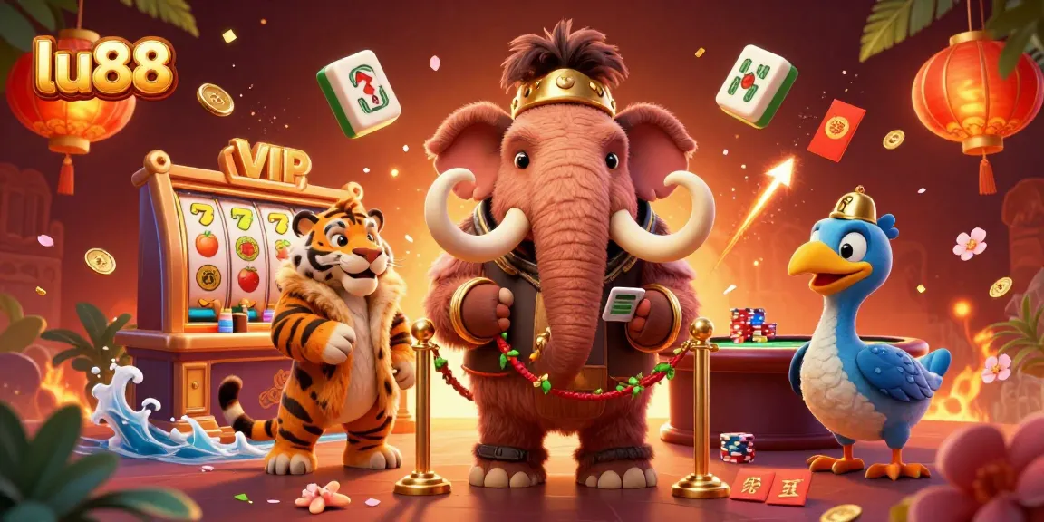 Engage with excitement at lu88 featuring a cartoon mammoth bouncer and vibrant casino elements.