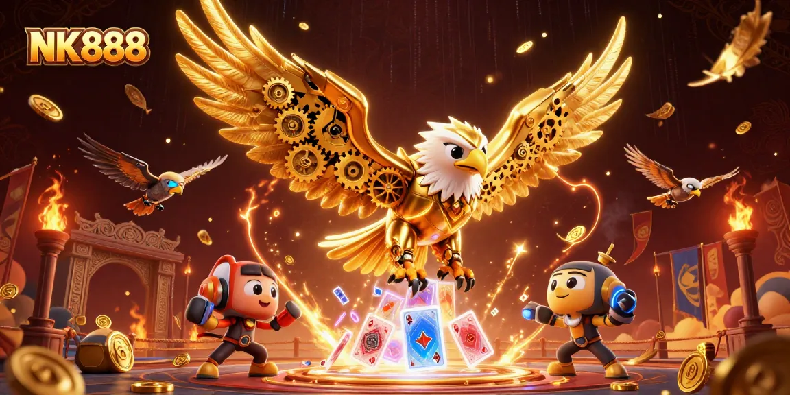 Engage with NK888's exhilarating casino experience featuring a golden eagle soaring through holographic poker cards.