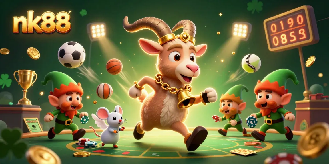 Experience thrilling gameplay at nk88 with 3D cartoon characters and dynamic casino elements featuring sports and festive imagery.