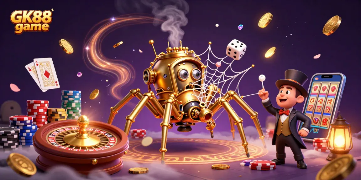 Engage with the GK88 game in a vibrant scene featuring a steampunk spider and dynamic casino elements.